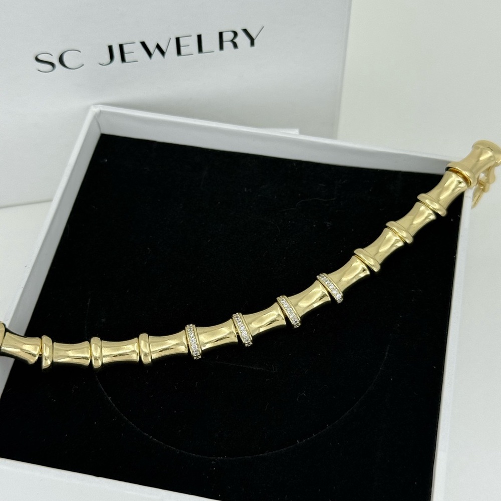 14K Gold Plated Bamboo Link Bracelet with Zircon Stones | Statement Jewelry - Picture 10 of 12